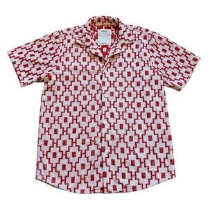 OAS Red/White Machu Cuba Cotton Terry Cloth Button Front Shirt Geometric Men's L